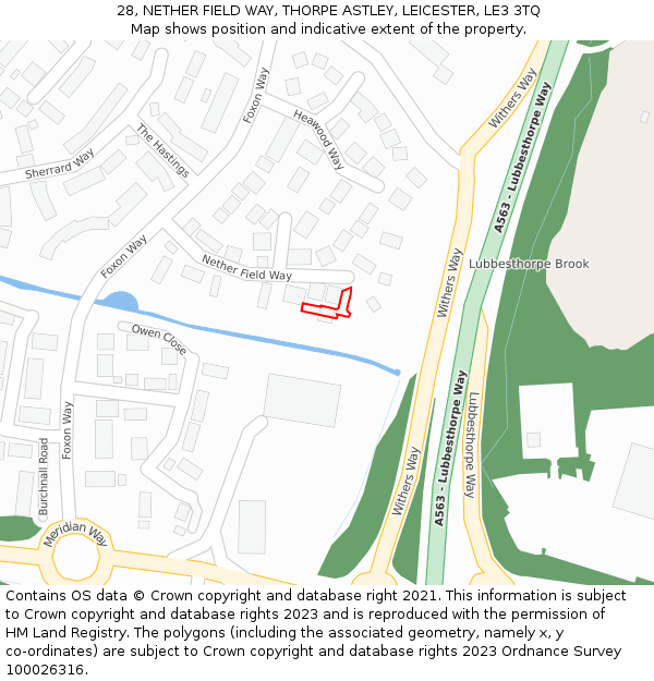 28, NETHER FIELD WAY, THORPE ASTLEY, LEICESTER, LE3 3TQ: Location map and indicative extent of plot