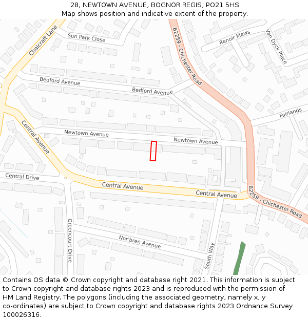 28, NEWTOWN AVENUE, BOGNOR REGIS, PO21 5HS: Location map and indicative extent of plot