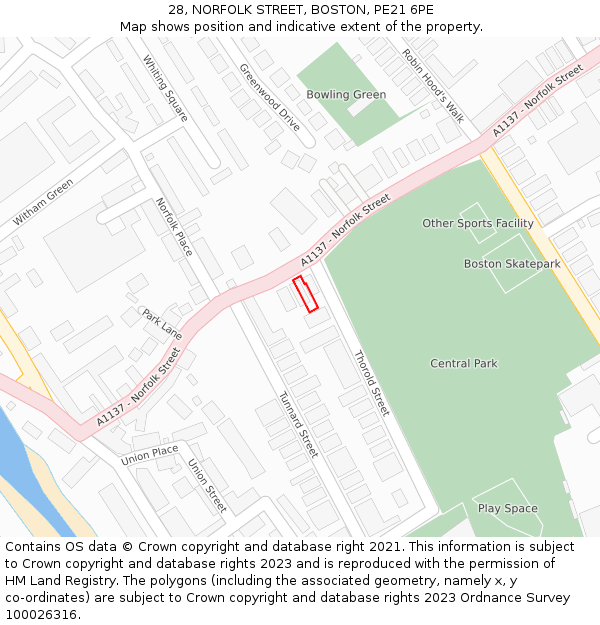 28, NORFOLK STREET, BOSTON, PE21 6PE: Location map and indicative extent of plot