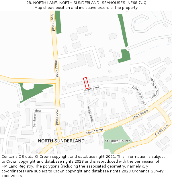 28, NORTH LANE, NORTH SUNDERLAND, SEAHOUSES, NE68 7UQ: Location map and indicative extent of plot