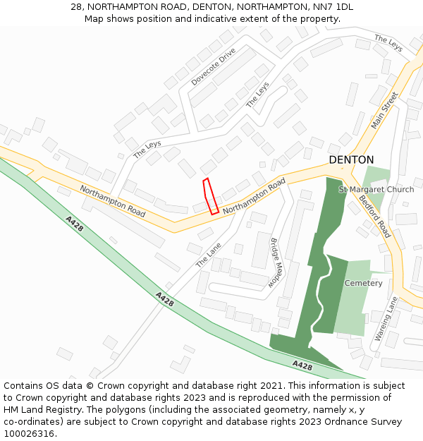 28, NORTHAMPTON ROAD, DENTON, NORTHAMPTON, NN7 1DL: Location map and indicative extent of plot