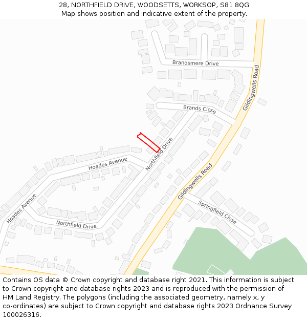 28, NORTHFIELD DRIVE, WOODSETTS, WORKSOP, S81 8QG: Location map and indicative extent of plot