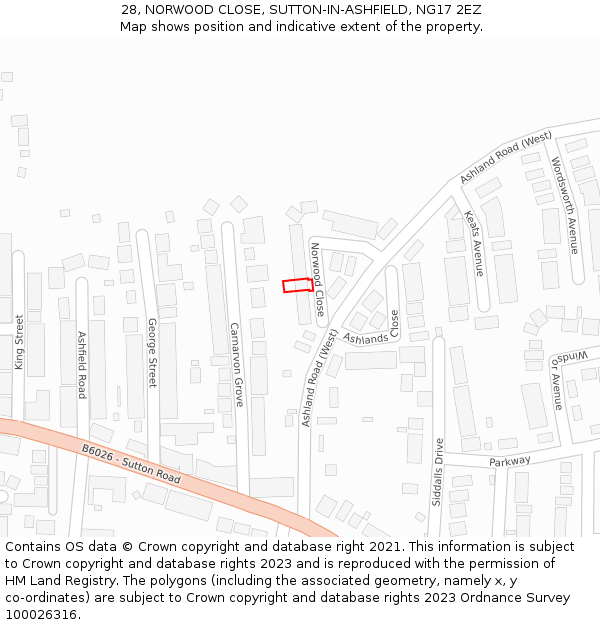 28, NORWOOD CLOSE, SUTTON-IN-ASHFIELD, NG17 2EZ: Location map and indicative extent of plot