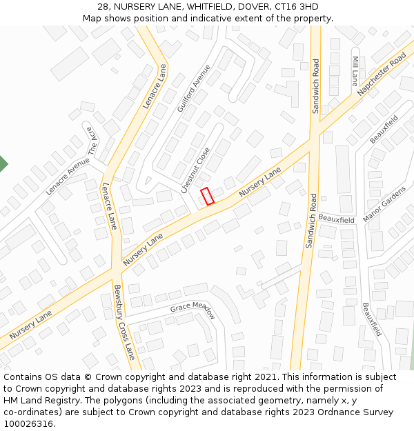 28, NURSERY LANE, WHITFIELD, DOVER, CT16 3HD: Location map and indicative extent of plot