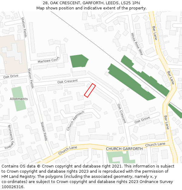 28, OAK CRESCENT, GARFORTH, LEEDS, LS25 1PN: Location map and indicative extent of plot