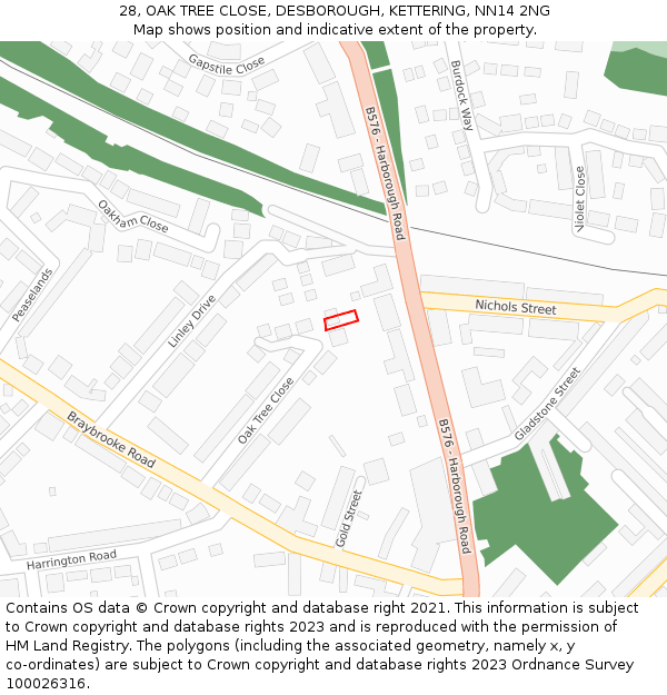 28, OAK TREE CLOSE, DESBOROUGH, KETTERING, NN14 2NG: Location map and indicative extent of plot