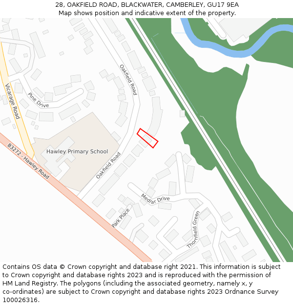 28, OAKFIELD ROAD, BLACKWATER, CAMBERLEY, GU17 9EA: Location map and indicative extent of plot