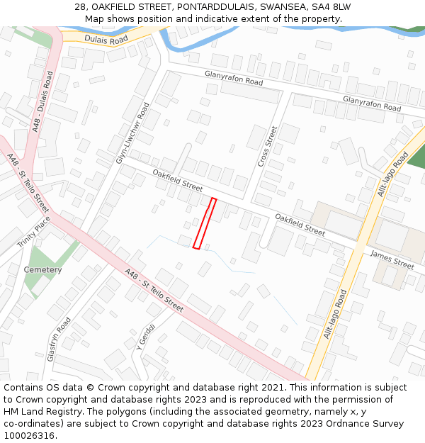 28, OAKFIELD STREET, PONTARDDULAIS, SWANSEA, SA4 8LW: Location map and indicative extent of plot