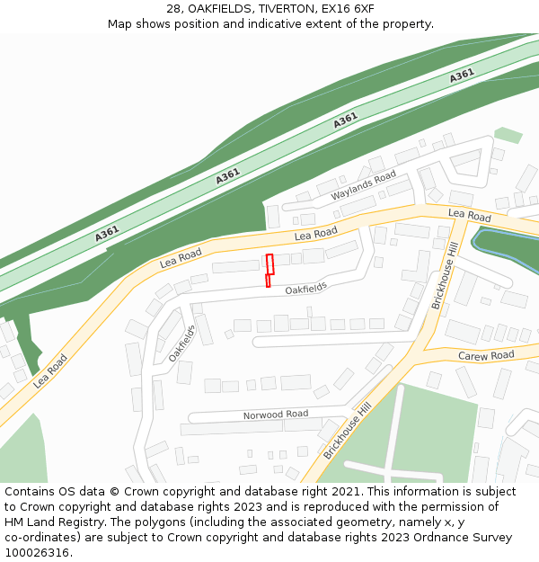 28, OAKFIELDS, TIVERTON, EX16 6XF: Location map and indicative extent of plot