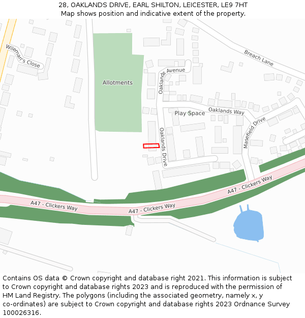 28, OAKLANDS DRIVE, EARL SHILTON, LEICESTER, LE9 7HT: Location map and indicative extent of plot