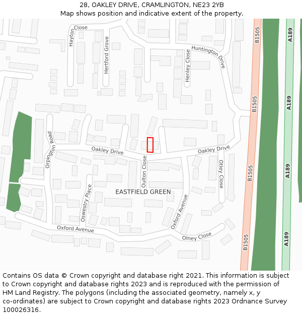 28, OAKLEY DRIVE, CRAMLINGTON, NE23 2YB: Location map and indicative extent of plot