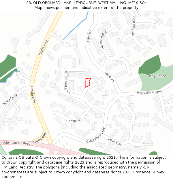 28, OLD ORCHARD LANE, LEYBOURNE, WEST MALLING, ME19 5QH: Location map and indicative extent of plot