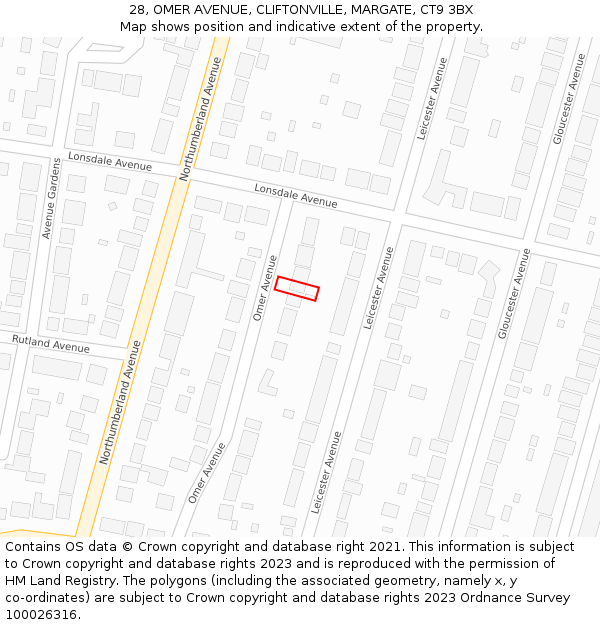 28, OMER AVENUE, CLIFTONVILLE, MARGATE, CT9 3BX: Location map and indicative extent of plot