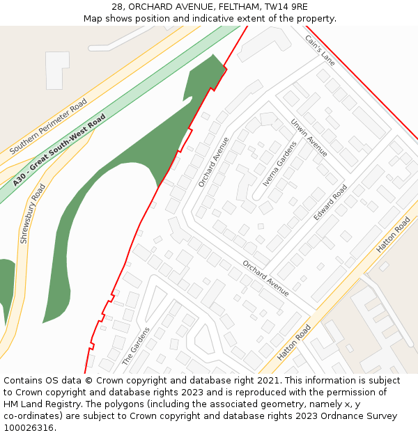 28, ORCHARD AVENUE, FELTHAM, TW14 9RE: Location map and indicative extent of plot