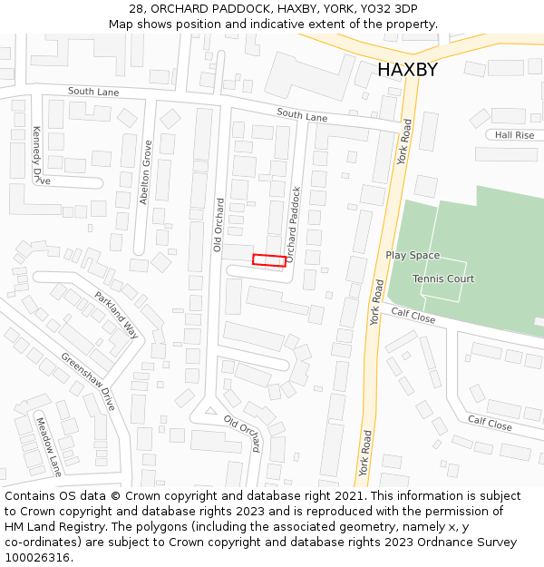 28, ORCHARD PADDOCK, HAXBY, YORK, YO32 3DP: Location map and indicative extent of plot