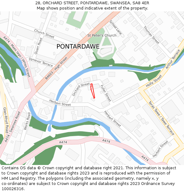 28, ORCHARD STREET, PONTARDAWE, SWANSEA, SA8 4ER: Location map and indicative extent of plot
