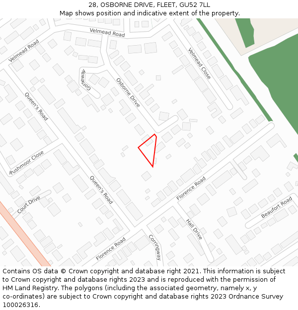 28, OSBORNE DRIVE, FLEET, GU52 7LL: Location map and indicative extent of plot