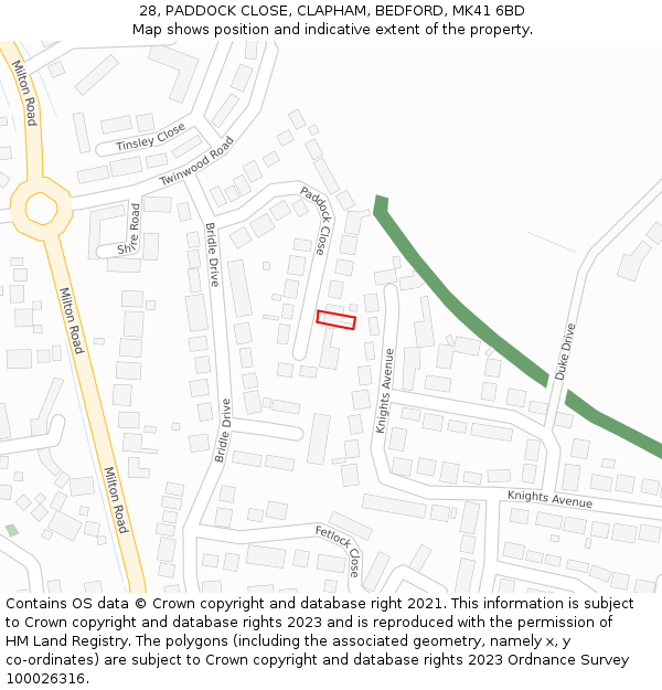 28, PADDOCK CLOSE, CLAPHAM, BEDFORD, MK41 6BD: Location map and indicative extent of plot