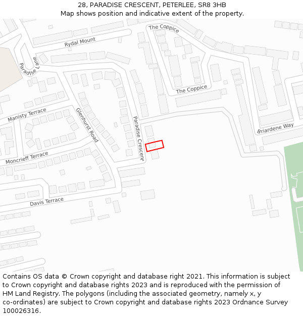 28, PARADISE CRESCENT, PETERLEE, SR8 3HB: Location map and indicative extent of plot