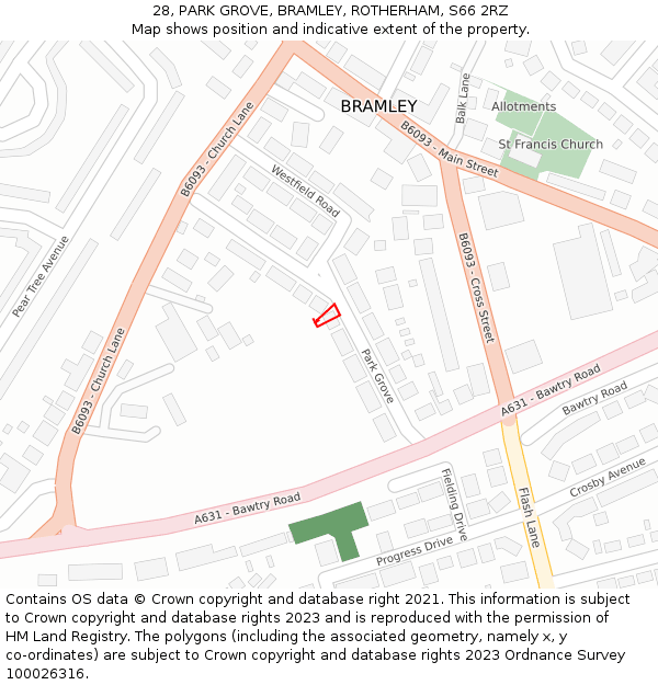 28, PARK GROVE, BRAMLEY, ROTHERHAM, S66 2RZ: Location map and indicative extent of plot