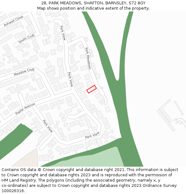 28, PARK MEADOWS, SHAFTON, BARNSLEY, S72 8GY: Location map and indicative extent of plot