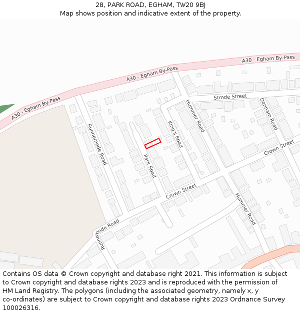 28, PARK ROAD, EGHAM, TW20 9BJ: Location map and indicative extent of plot