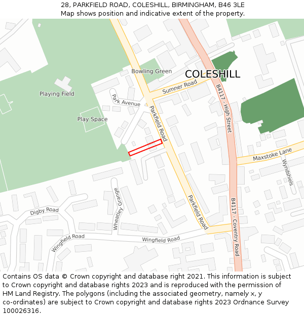 28, PARKFIELD ROAD, COLESHILL, BIRMINGHAM, B46 3LE: Location map and indicative extent of plot