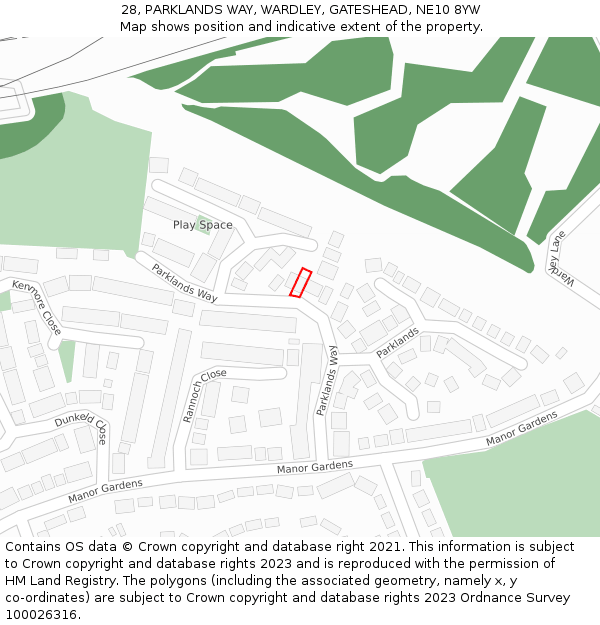 28, PARKLANDS WAY, WARDLEY, GATESHEAD, NE10 8YW: Location map and indicative extent of plot