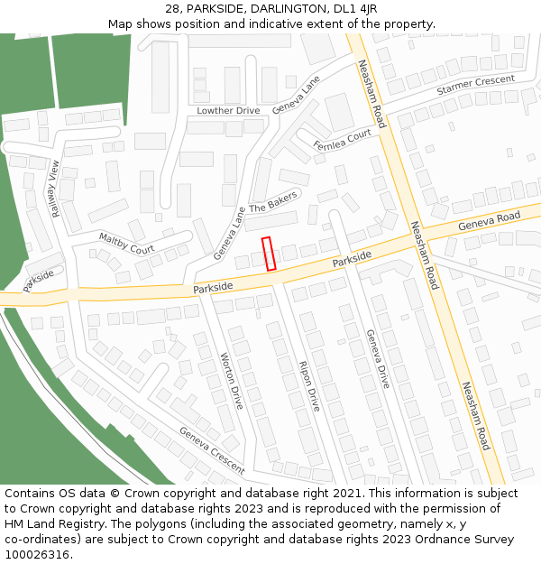 28, PARKSIDE, DARLINGTON, DL1 4JR: Location map and indicative extent of plot