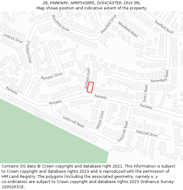 28, PARKWAY, ARMTHORPE, DONCASTER, DN3 3RL: Location map and indicative extent of plot