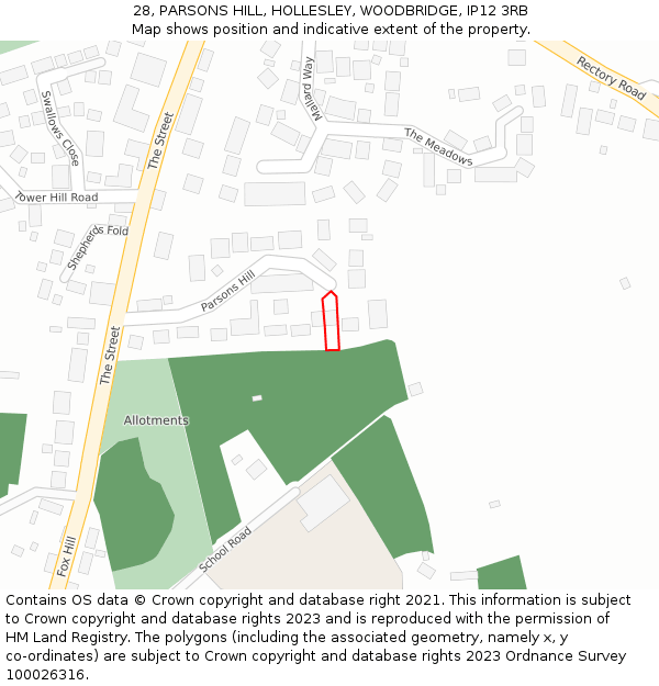 28, PARSONS HILL, HOLLESLEY, WOODBRIDGE, IP12 3RB: Location map and indicative extent of plot