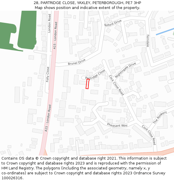 28, PARTRIDGE CLOSE, YAXLEY, PETERBOROUGH, PE7 3HP: Location map and indicative extent of plot