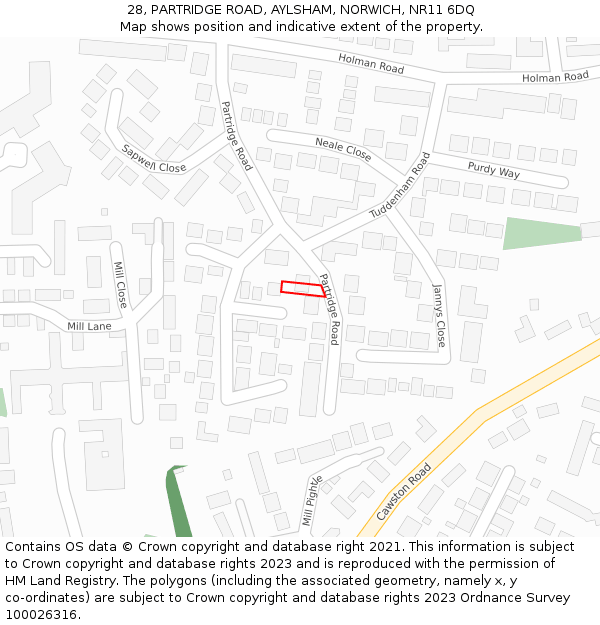 28, PARTRIDGE ROAD, AYLSHAM, NORWICH, NR11 6DQ: Location map and indicative extent of plot