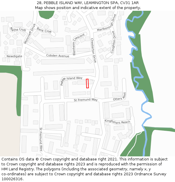 28, PEBBLE ISLAND WAY, LEAMINGTON SPA, CV31 1AR: Location map and indicative extent of plot
