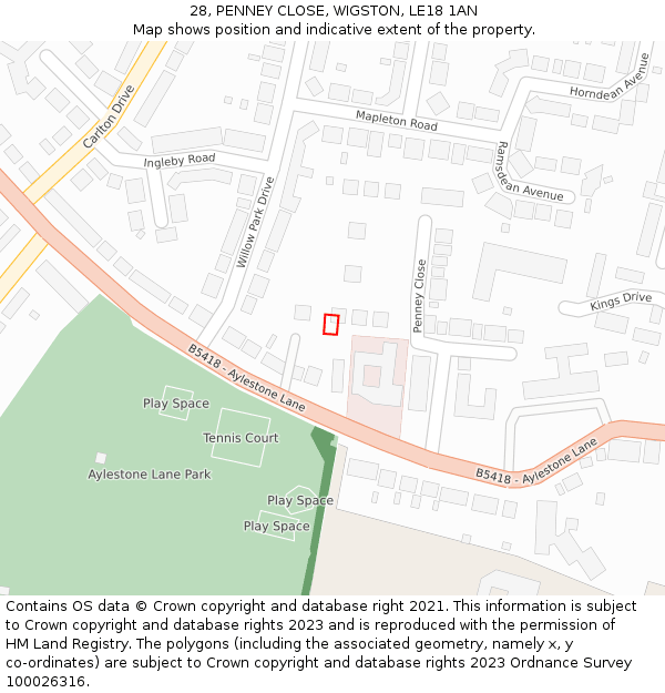 28, PENNEY CLOSE, WIGSTON, LE18 1AN: Location map and indicative extent of plot