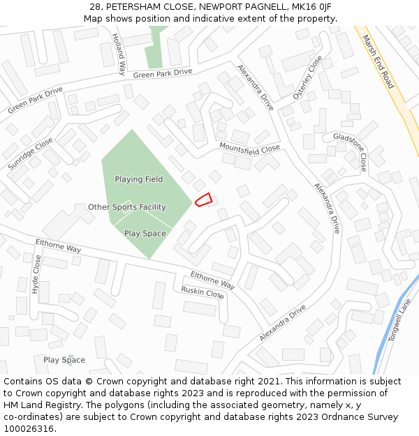 28, PETERSHAM CLOSE, NEWPORT PAGNELL, MK16 0JF: Location map and indicative extent of plot