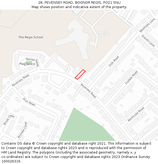 28, PEVENSEY ROAD, BOGNOR REGIS, PO21 5NU: Location map and indicative extent of plot