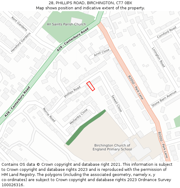 28, PHILLIPS ROAD, BIRCHINGTON, CT7 0BX: Location map and indicative extent of plot