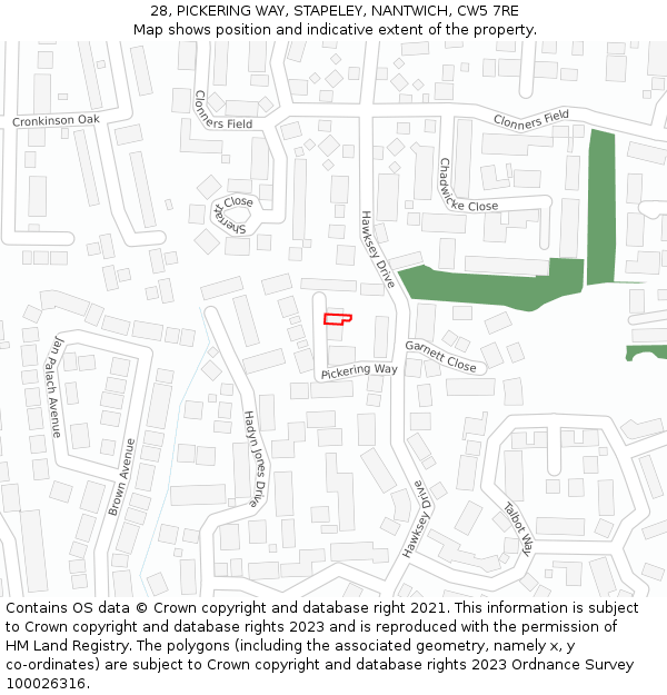 28, PICKERING WAY, STAPELEY, NANTWICH, CW5 7RE: Location map and indicative extent of plot