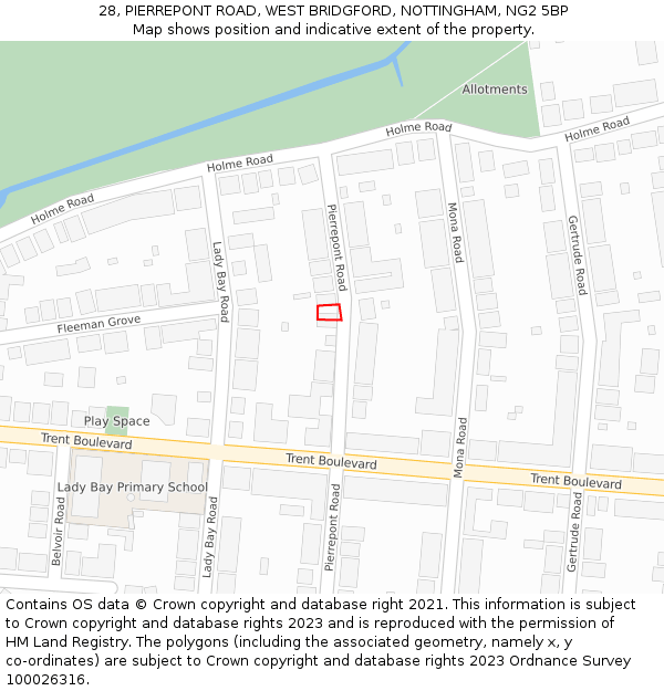 28, PIERREPONT ROAD, WEST BRIDGFORD, NOTTINGHAM, NG2 5BP: Location map and indicative extent of plot