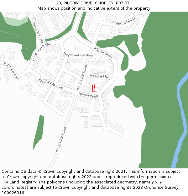 28, PILGRIM DRIVE, CHORLEY, PR7 3TH: Location map and indicative extent of plot