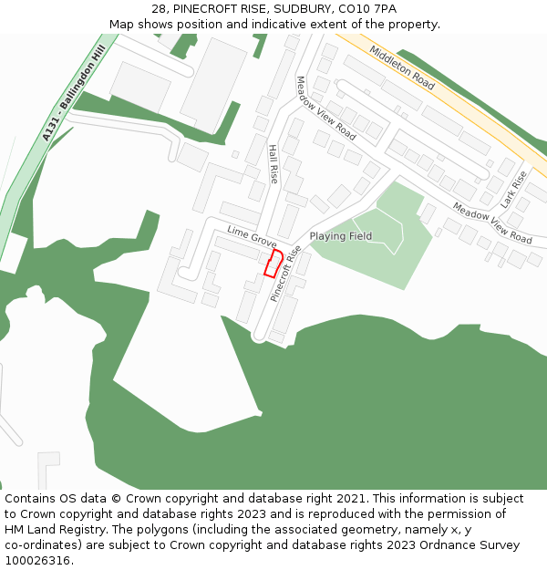 28, PINECROFT RISE, SUDBURY, CO10 7PA: Location map and indicative extent of plot