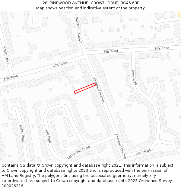 28, PINEWOOD AVENUE, CROWTHORNE, RG45 6RP: Location map and indicative extent of plot