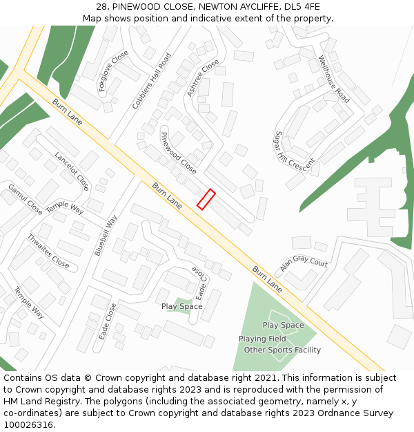 28, PINEWOOD CLOSE, NEWTON AYCLIFFE, DL5 4FE: Location map and indicative extent of plot