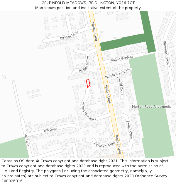 28, PINFOLD MEADOWS, BRIDLINGTON, YO16 7GT: Location map and indicative extent of plot