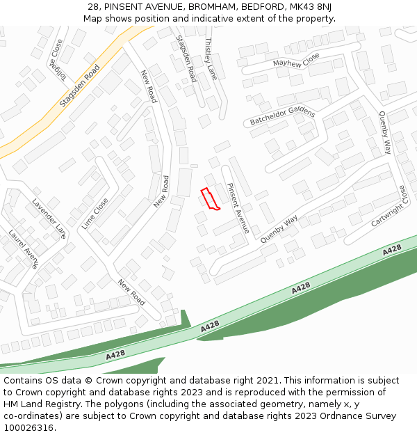 28, PINSENT AVENUE, BROMHAM, BEDFORD, MK43 8NJ: Location map and indicative extent of plot