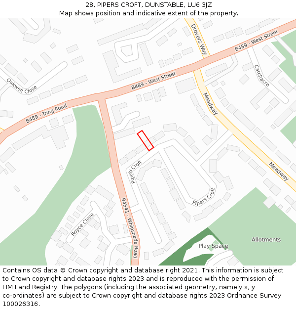 28, PIPERS CROFT, DUNSTABLE, LU6 3JZ: Location map and indicative extent of plot
