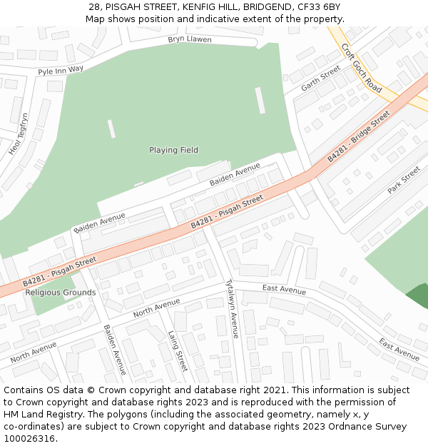 28, PISGAH STREET, KENFIG HILL, BRIDGEND, CF33 6BY: Location map and indicative extent of plot