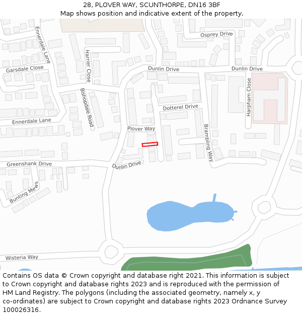 28, PLOVER WAY, SCUNTHORPE, DN16 3BF: Location map and indicative extent of plot