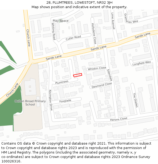 28, PLUMTREES, LOWESTOFT, NR32 3JH: Location map and indicative extent of plot